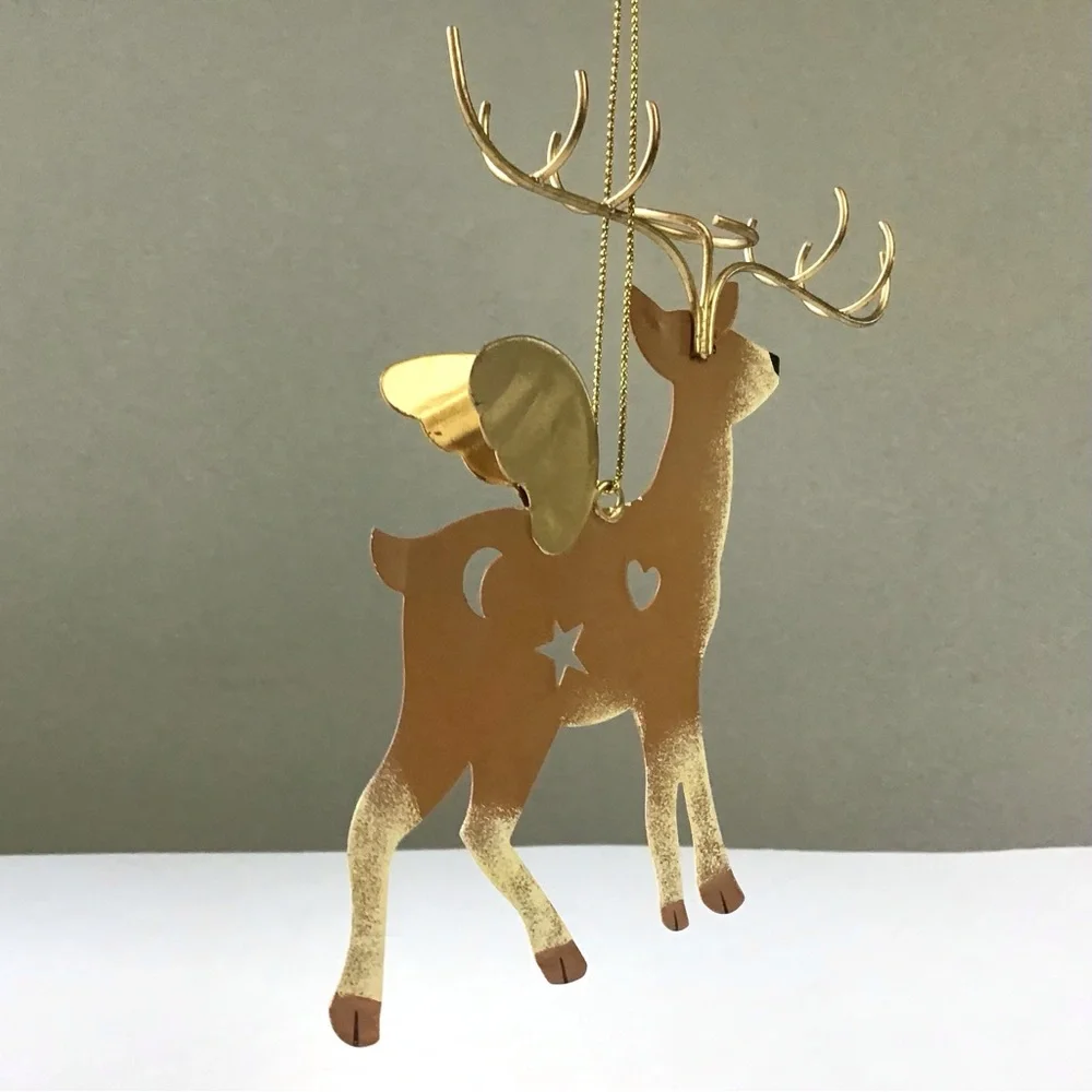 Reindeer Christmas Ornament Gold Wings Cut-Outs Whimsical Folk Art Rustic Deer